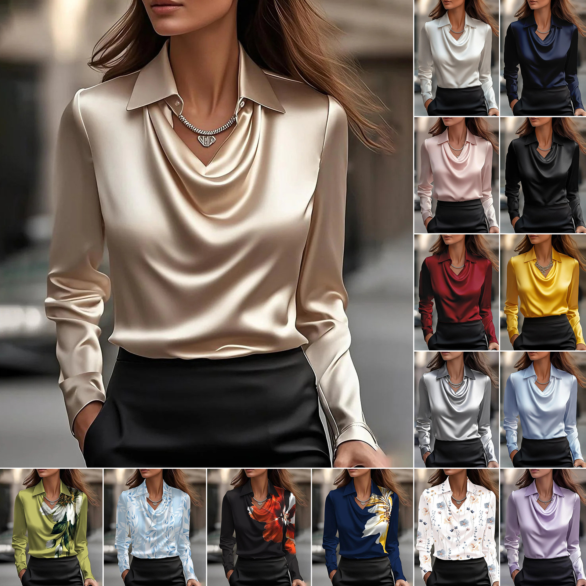 15 colors, 6 sizes, in stock, 2025 independent website, Wish, Amazon export style, simple draped collar shirt for women.