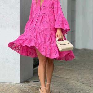 2023 European and American cross-border spring and summer Amazon solid color V-neck loose embroidery hollow lace flower sexy dress