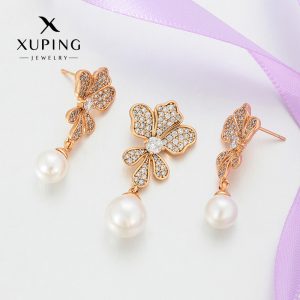 Xuping Niche Retro Style Earrings Pendant Jewelry Set, Copper Alloy Imitation Pearl Flower Tassel Jewelry Wholesale for Women