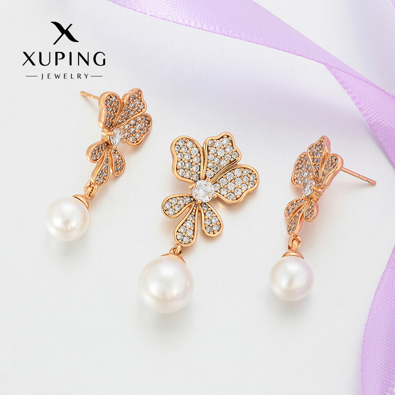 Xuping Niche Retro Style Earrings Pendant Jewelry Set, Copper Alloy Imitation Pearl Flower Tassel Jewelry Wholesale for Women