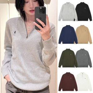 Scannable QR code RL pony logo half-zip solid color pony embroidered logo couple plain knit sweater