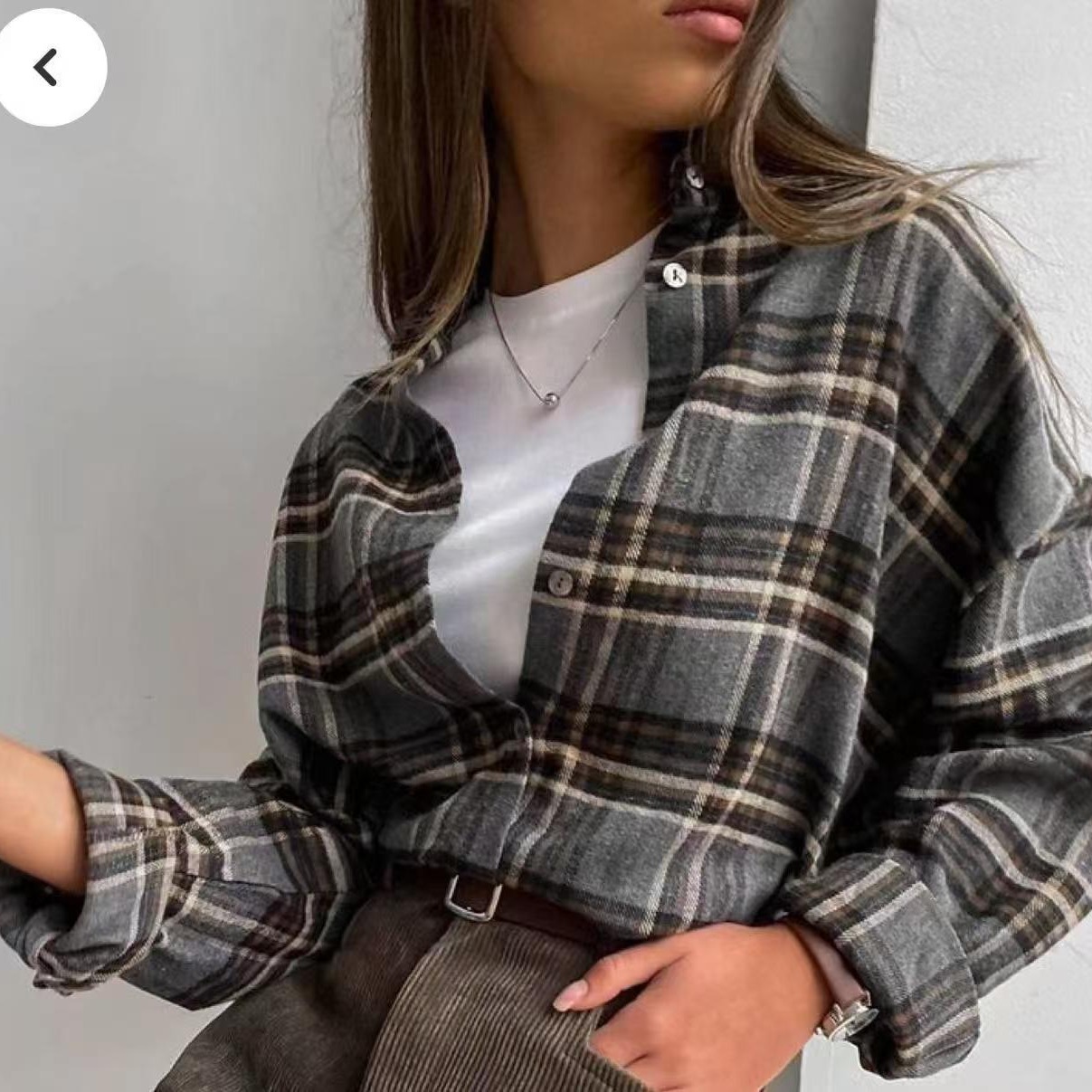 Amazon 2025 Spring and Autumn Cross-border Retro All-match Lapel Loose Shirt #Plaid Long Sleeve Pocket Women's Shirt - Image 6