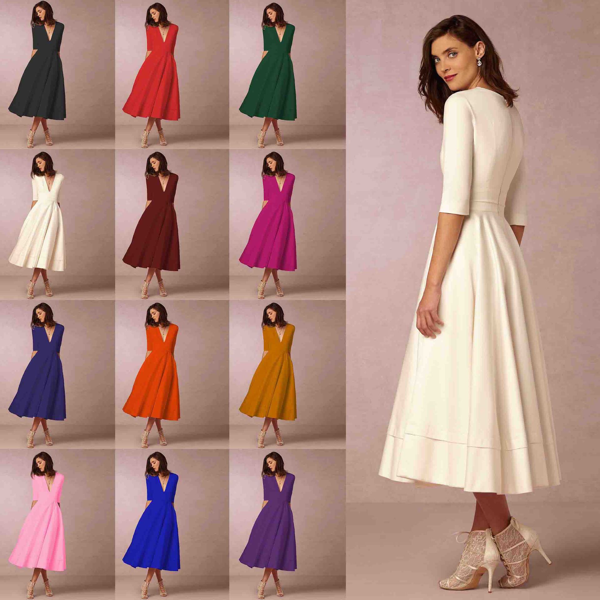 2023 new European and American foreign trade women's evening dress Amazon hot style sexy deep V mid-sleeve swing dress - Image 5