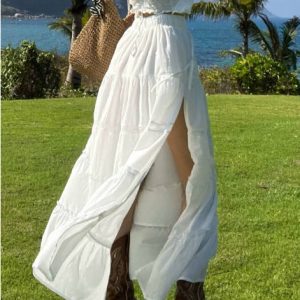 White Tiered Midi Skirt with Drawstring and Slit