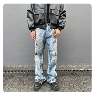 Men's American-Style 3D Digital Denim Pants: Splash-Paint Graffiti Print, Washed and Distressed, Loose-Fit, Frayed-Hem Straight-Leg Trousers