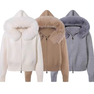 2025 Amazon Independent Station Fur Collar Hooded Sweater Jacket Women's Autumn and Winter Lazy Style Temperament Sweater
