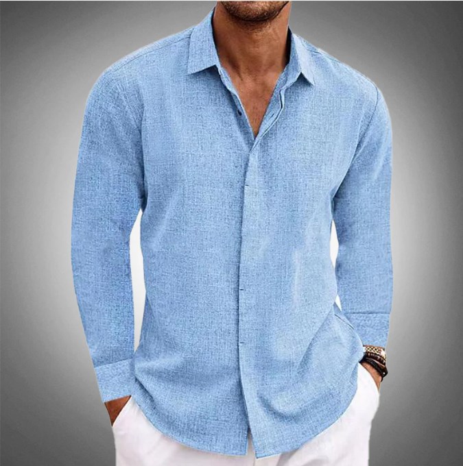 Men's linen long-sleeved T-shirt loose sweatshirt solid color long-sleeved cotton and linen shirt men's large size men's shirt - Image 14