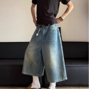 Cabbage coke American vintage washed denim shorts seven trousers men's summer straight wide-legged trousers do old in the trousers