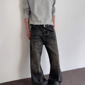 A PUEE American retro vintage vintage lightning old washed jeans cleanfit straight micro trousers